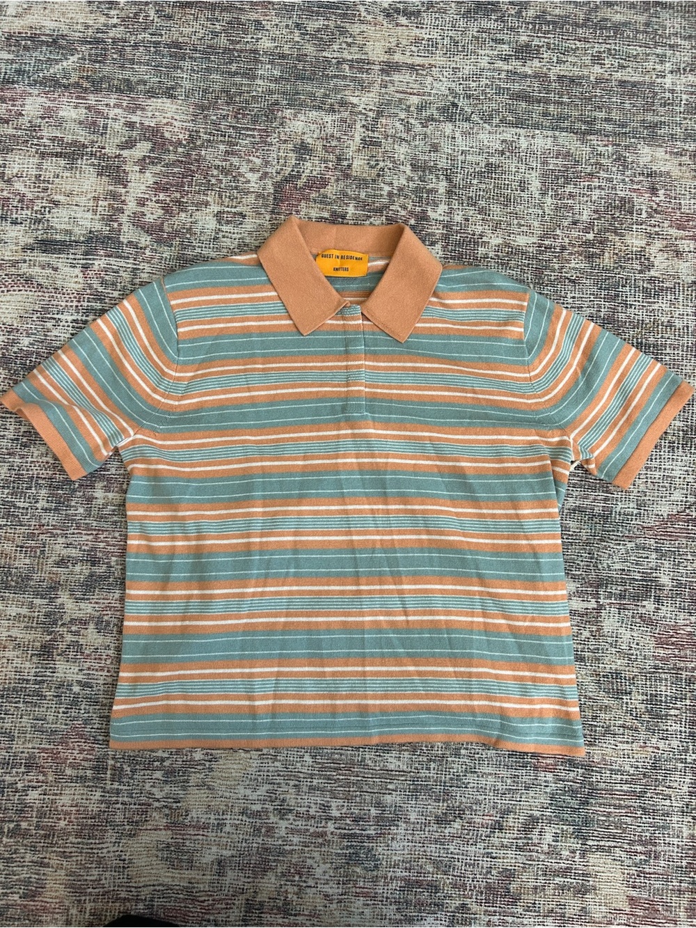 Short-Sleeve Striped Polo in Peach and Teal